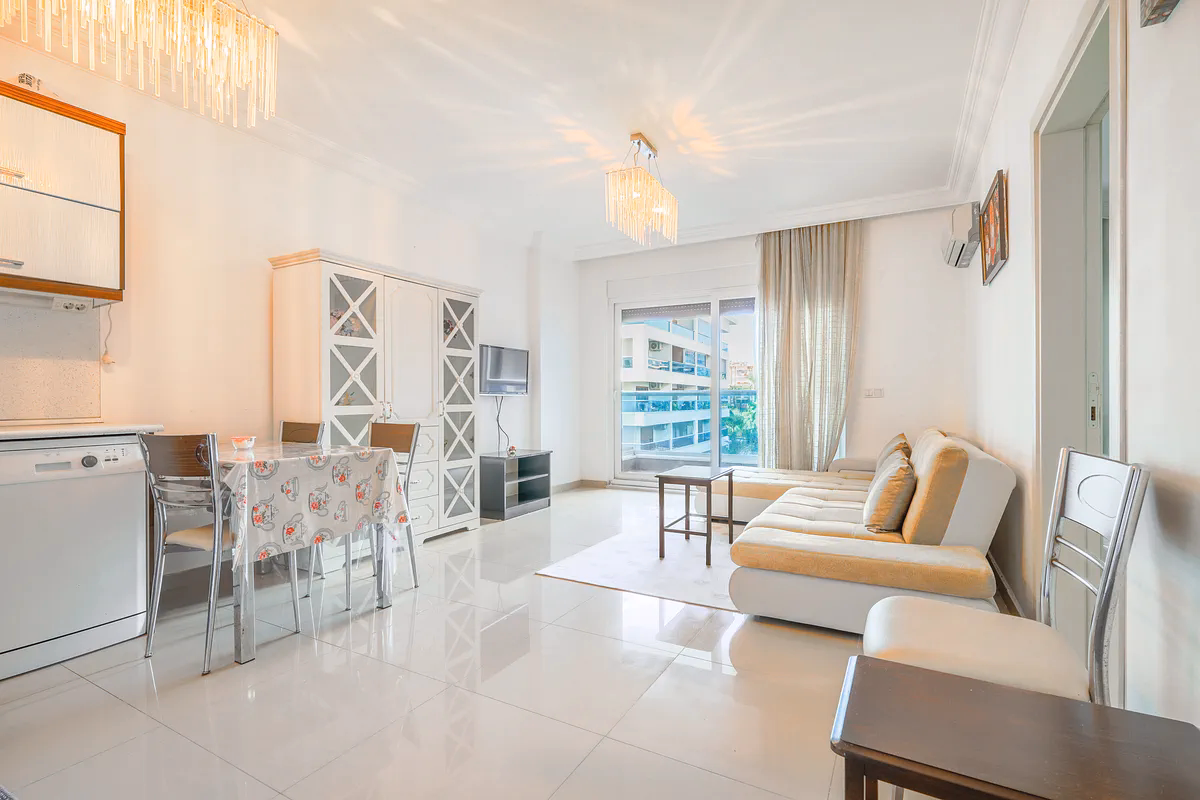 Buy Apartment Kestel Alanya — Furnished 1+1 in Doğanay Residence (17) Furnished open-plan living room in Doğanay Residence Kestel
