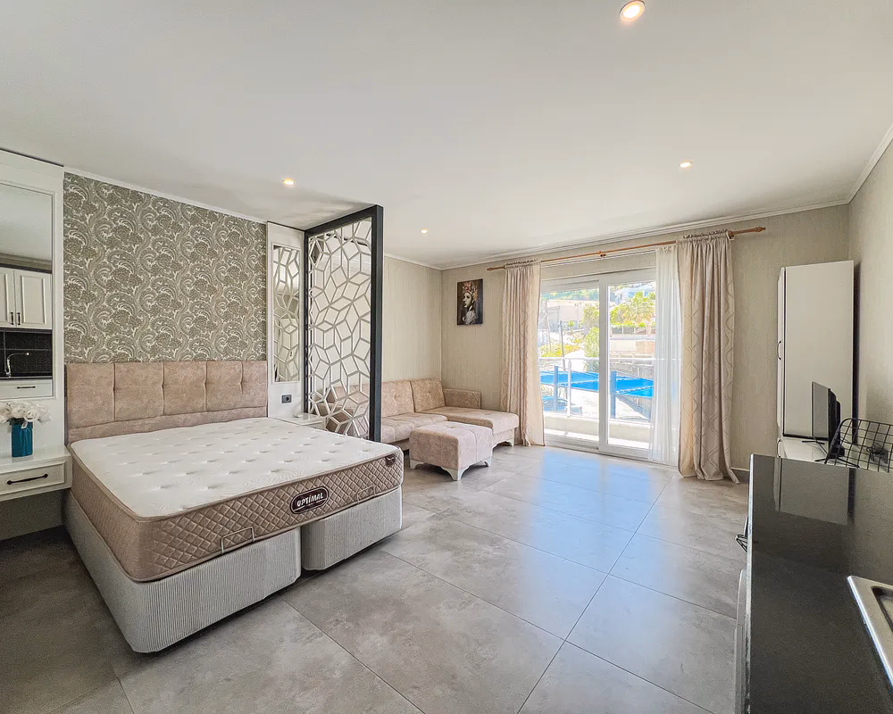 Modern Studio Apartment in STAY SUIT Residence, Kargicak (11) Modern sleeping area in furnished studio apartment in Kargicak Alanya Turkey