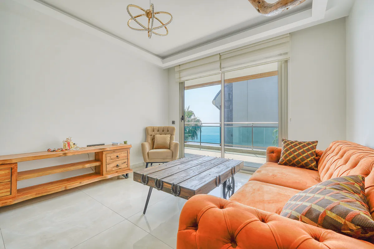 Sea View 1+1 in Hexa Panorama (12) Furnished sea-view living room in Hexa Panorama Kargıcak