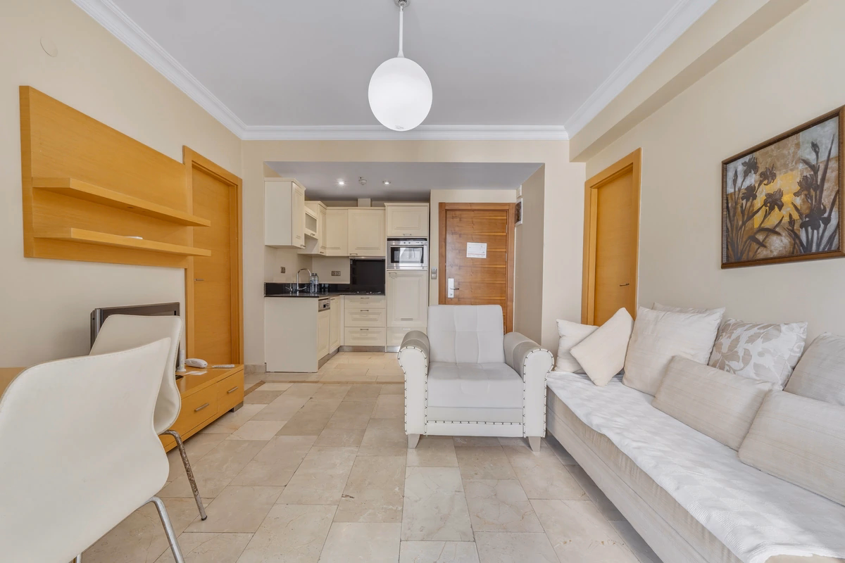 GoldCity Apartment Kargicak – Panoramic Sea Views (11) Furnished living room at GoldCity Kargicak
